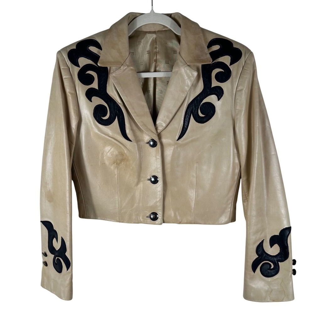 Vintage Manuel Leather Jacket 10 Beige Tribal Applique Cropped Western Boho
